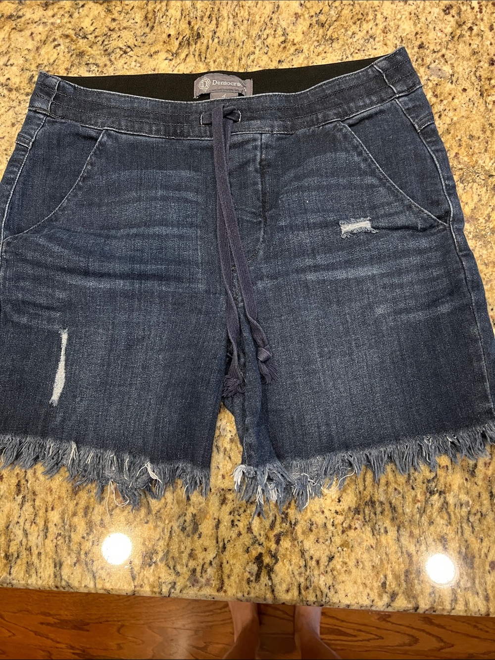 Democracy Women's Dark Blue Denim Drawstring Shorts with Frayed Hem